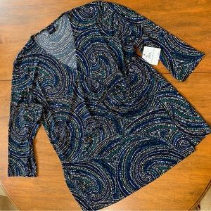 Rafaela Black/Blue/Green/Tan/White Swirl Design Jersey Faux Wrap Blouse, 1X, NWT